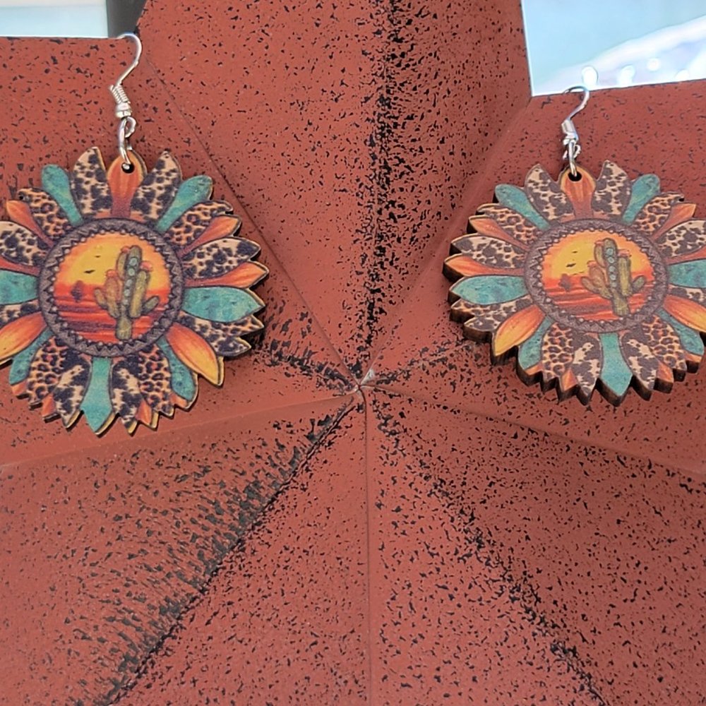Sunflower Dangle Drop Wooden Earrings Orange Yellow 2" Pierced Ears New - Picture 5 of 8